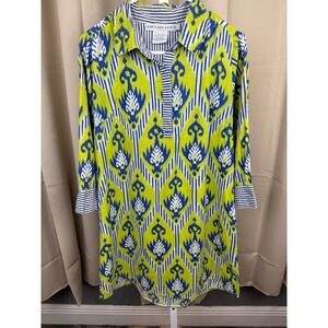 Gretchen Scott Tunic Top Blue Green Ikat Print Striped Cuffs Size S